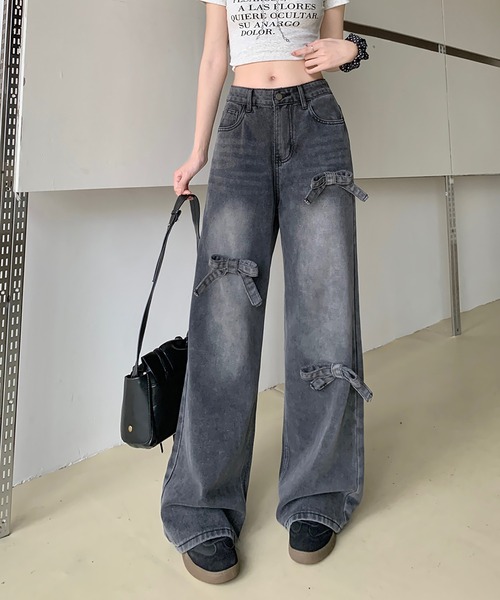 Girly Doll(ガーリードール)の「リボンワイドデニムパンツ(デニムパンツ・レディース・ダークブルー/ライトブルー/ブラック・L/M/S)」の4枚目の写真