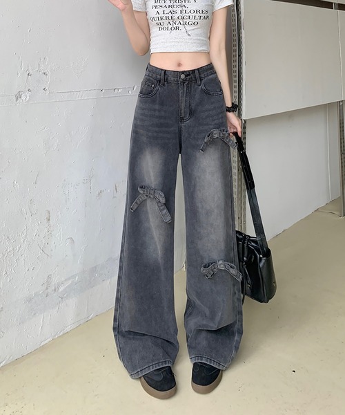 Girly Doll(ガーリードール)の「リボンワイドデニムパンツ(デニムパンツ・レディース・ダークブルー/ライトブルー/ブラック・L/M/S)」の10枚目の写真