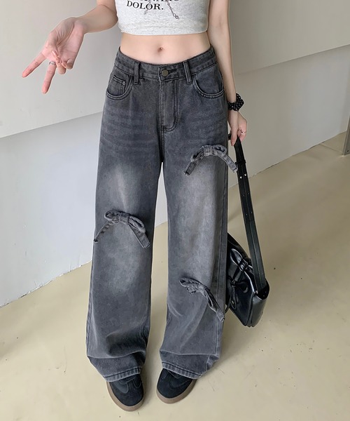 Girly Doll(ガーリードール)の「リボンワイドデニムパンツ(デニムパンツ・レディース・ダークブルー/ライトブルー/ブラック・L/M/S)」の12枚目の写真