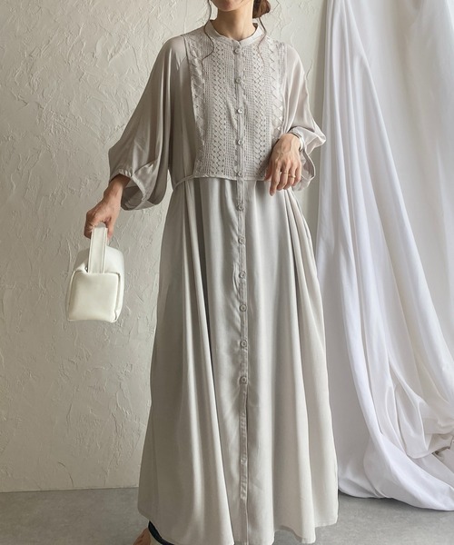 She's Closet（シーズクローゼット）の「レースビスチェドッキングウエストマーク半袖Aラインフレアロング丈シャツワンピース（シャツワンピース・レディース・グレー/ホワイト/ブラック・FREE）」の3枚目の写真