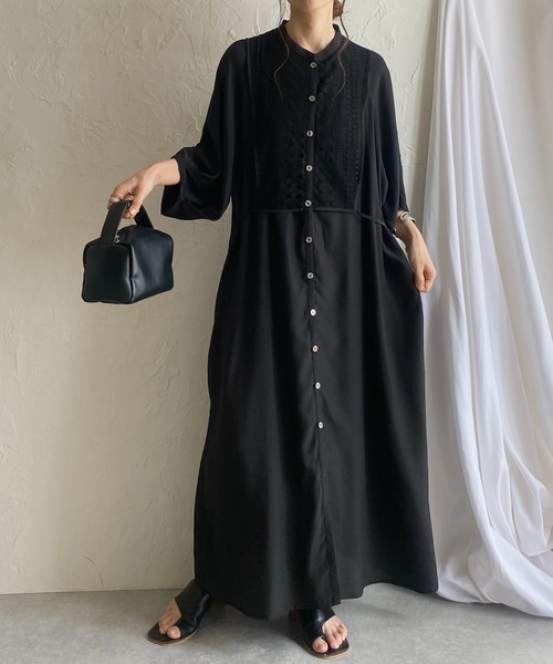 She's Closet（シーズクローゼット）の「レースビスチェドッキングウエストマーク半袖Aラインフレアロング丈シャツワンピース（シャツワンピース・レディース・グレー/ホワイト/ブラック・FREE）」の2枚目の写真