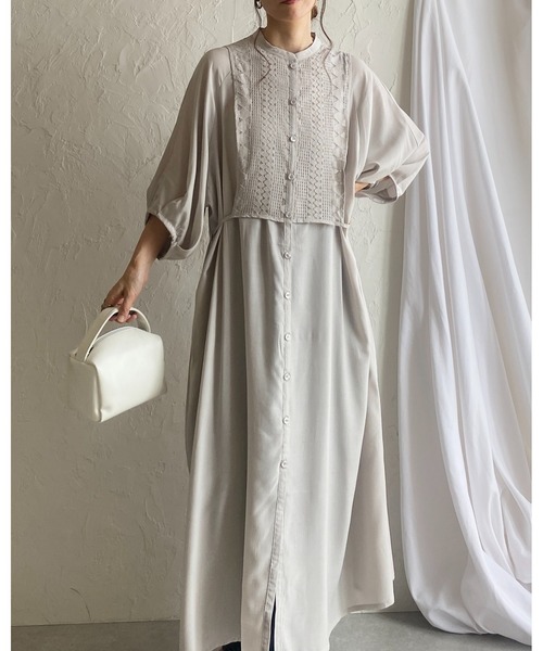 She's Closet（シーズクローゼット）の「レースビスチェドッキングウエストマーク半袖Aラインフレアロング丈シャツワンピース（シャツワンピース・レディース・グレー/ホワイト/ブラック・FREE）」の15枚目の写真