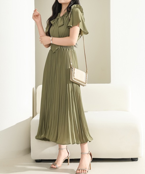 セール】ウエスト シャーリング 半袖 プリーツ ワンピース