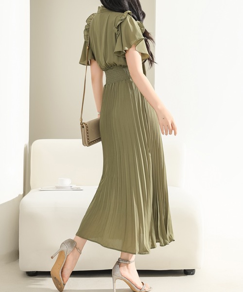 ★ChicLine★ レンティエル シャーリングプリーツワンピース セール】ウエスト シャーリング 半袖 プリーツ ワンピース