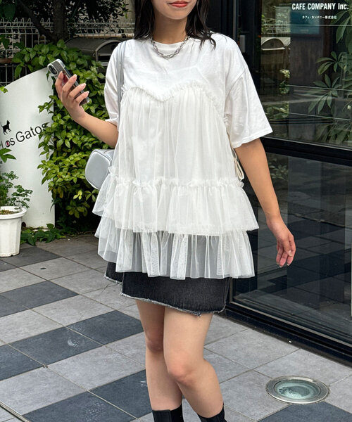 CIAOPANIC（チャオパニック）の「チュールビスチェドッキングオーバーTEE（Tシャツ/カットソー・レディース・ホワイト/ブラック・ONE SIZE）」の5枚目の写真