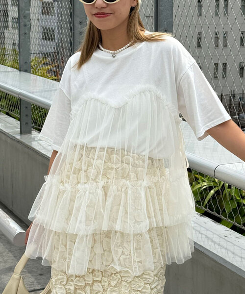 CIAOPANIC（チャオパニック）の「チュールビスチェドッキングオーバーTEE（Tシャツ/カットソー・レディース・ホワイト/ブラック・ONE SIZE）」の8枚目の写真