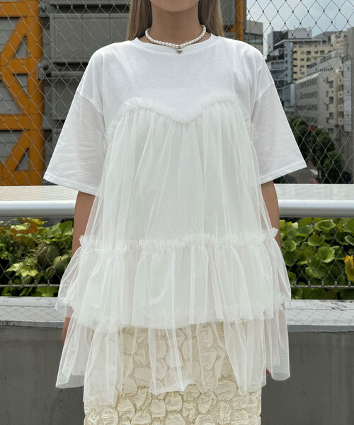 CIAOPANIC（チャオパニック）の「チュールビスチェドッキングオーバーTEE（Tシャツ/カットソー・レディース・ホワイト/ブラック・ONE SIZE）」の14枚目の写真