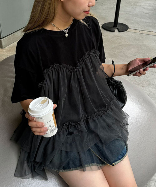 CIAOPANIC（チャオパニック）の「チュールビスチェドッキングオーバーTEE（Tシャツ/カットソー・レディース・ホワイト/ブラック・ONE SIZE）」の21枚目の写真