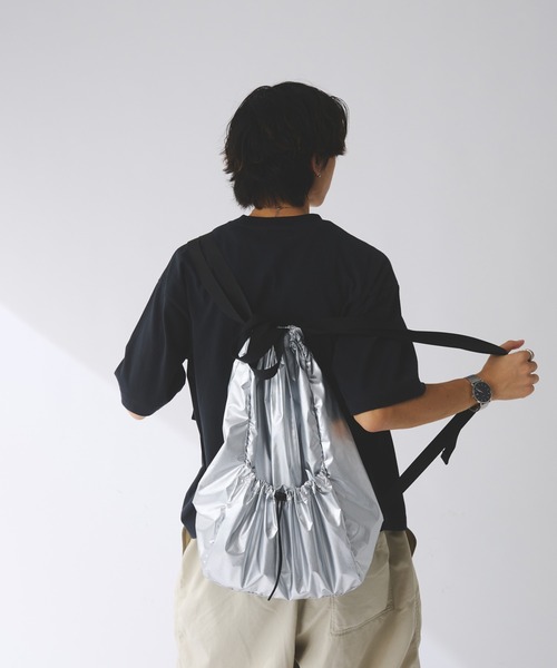 ネイビー ブラック グリーン チェック ドローコード バックパック ナップサック メッシュポケットドローコードナップサック(ワンサイズ グレー