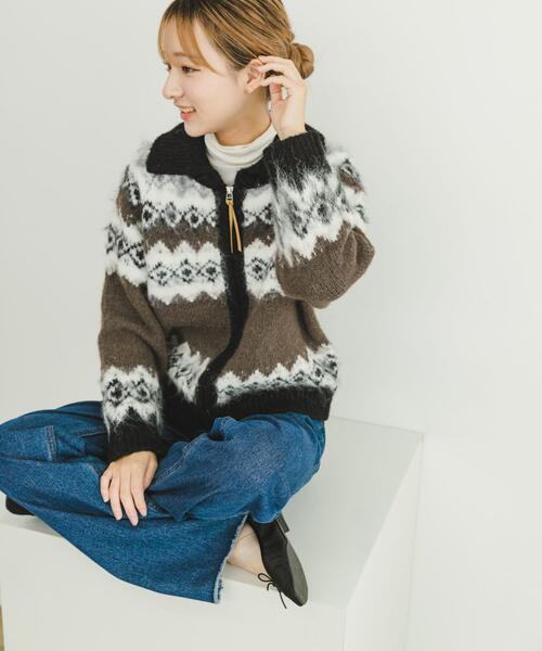 古着 70s Bob Allen 本革 カウレザー パッチ ジップアップ ハンティング ニット カーディガン 44 セール】シャギーカウチンニットカーディガン（カーディガン/ボレロ