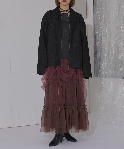 Ezick（エジック）の「Drape shirring チュールレイヤードスカート（スカート・レディース・ライトグレー/バーガンディー/ブラック・FREE）」の4枚目の写真