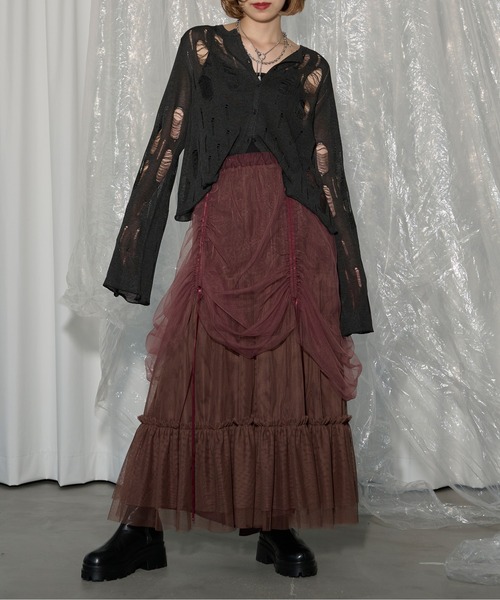 Ezick（エジック）の「Drape shirring チュールレイヤードスカート（スカート・レディース・ライトグレー/バーガンディー/ブラック・FREE）」の7枚目の写真