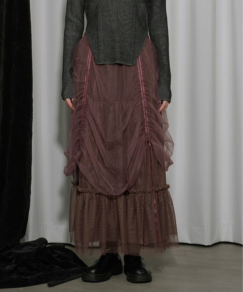 Ezick（エジック）の「Drape shirring チュールレイヤードスカート（スカート・レディース・ライトグレー/バーガンディー/ブラック・FREE）」の20枚目の写真