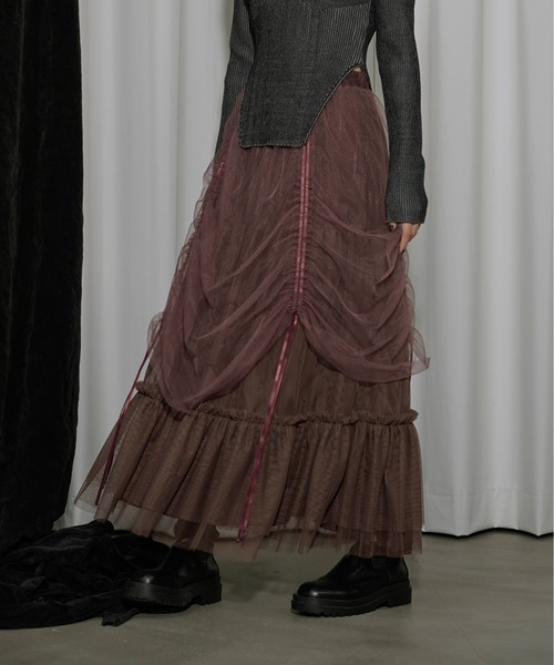 Ezick（エジック）の「Drape shirring チュールレイヤードスカート（スカート・レディース・ライトグレー/バーガンディー/ブラック・FREE）」の21枚目の写真