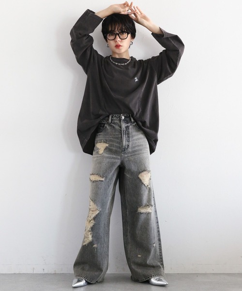 RAGEBLUE（レイジブルー）の「リメイク風/ドッキングピグメントロングTシャツ（Tシャツ/カットソー・レディース・アイボリー/ブラック/ブラウン・FREE）」の7枚目の写真