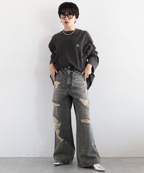 RAGEBLUE（レイジブルー）の「リメイク風/ドッキングピグメントロングTシャツ（Tシャツ/カットソー・レディース・アイボリー/ブラック/ブラウン・FREE）」の9枚目の写真