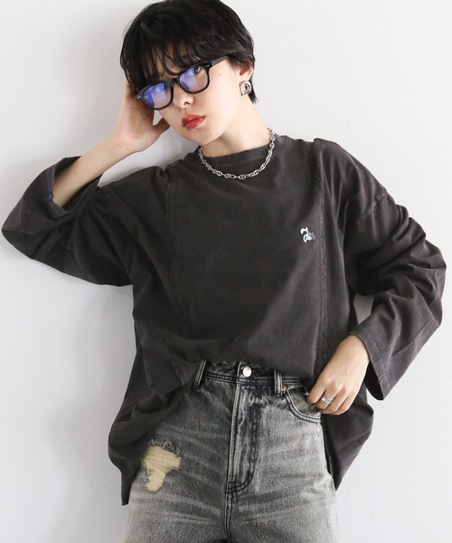 RAGEBLUE（レイジブルー）の「リメイク風/ドッキングピグメントロングTシャツ（Tシャツ/カットソー・レディース・アイボリー/ブラック/ブラウン・FREE）」の10枚目の写真