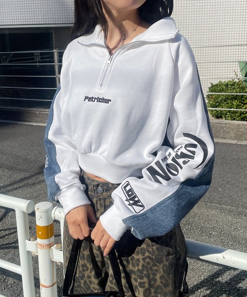 トレーナー スウェット ショート丈デニム切替ハーフジッププルオーバー レディース Roger&Raw トレーナー スウェット ショート丈デニム切替ハーフ