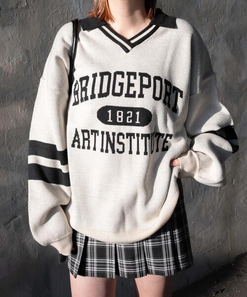 WEGO（ウィゴー）の「WEGO/襟付きロゴジャガードニット（ニット/セーター・レディース・ブラック/ワイン・FREE）」の9枚目の写真