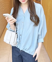 【7分袖】多種ボタン後ろレースアップタケノコタックシャツ