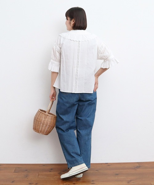 ★めんめん★child woman レースピンタック 5分袖ブラウス ブロード レースピンタック5分袖ブラウス（シャツ/ブラウス