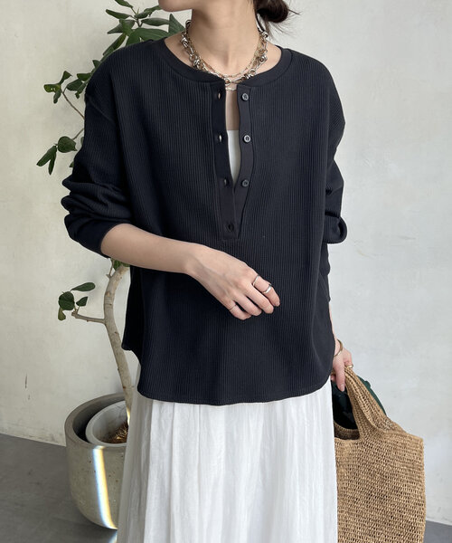 DouDou(ドゥドゥ)の「ワッフルヘンリー(Tシャツ/カットソー・レディース・ホワイト/グレー/チャコールグレー・FREE)」の11枚目の写真
