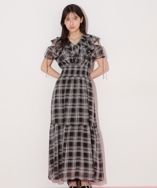 セール】◇シアーチェックボリュームフリルワンピース（ワンピース