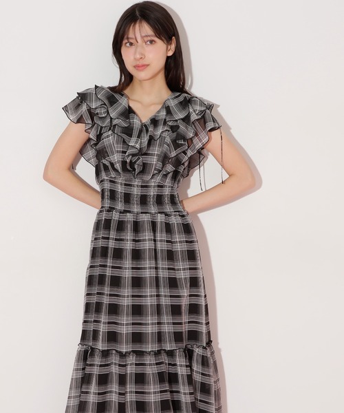 JILL by JILL STUART シアーチェックボリュームフリルワンピース セール】◇シアーチェックボリュームフリルワンピース（ワンピース