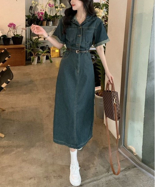 BLANC FICELLE(ブランフィセル)の「少し薄手のデニム 半袖 ワンピース(ワンピース・レディース・インディゴブルー・S/M/L)」の8枚目の写真