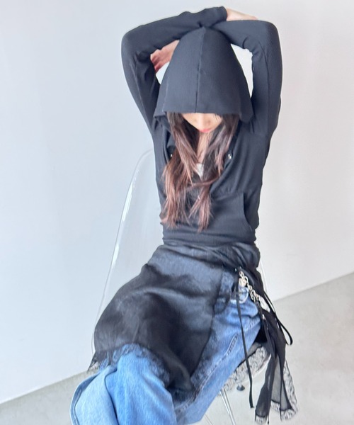 Y2K SYNAPSE FACTORY(ワイツーケー シナプスファクトリー)の「【前ポケット付き】リブ ソフトフーディTOPS(Tシャツ/カットソー・レディース・ブラック/ホワイト/ベージュ・FREE)」の4枚目の写真
