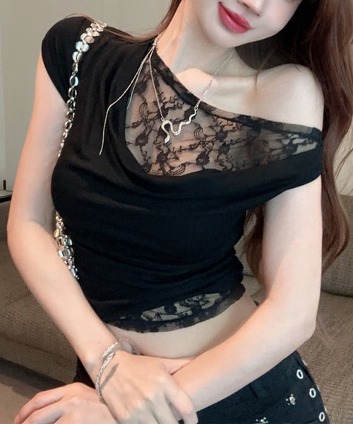 セール】レース切り替えオフショルドレープトップス（Tシャツ