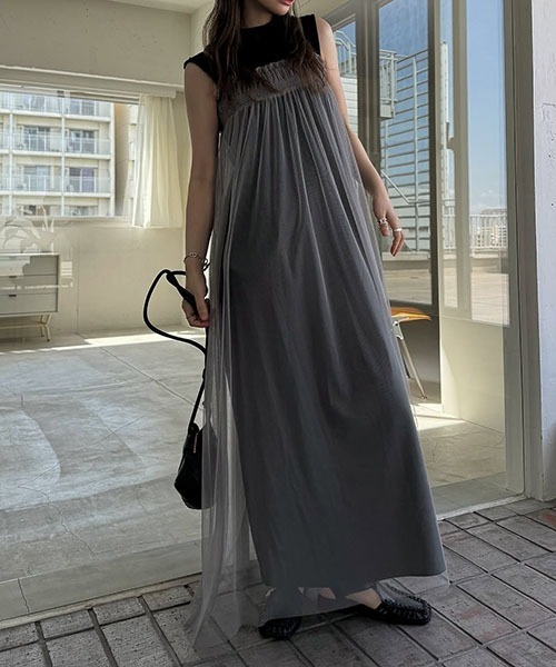 one side tuck flare nosleeve rib OP（ワンピース）｜WILLFULLY