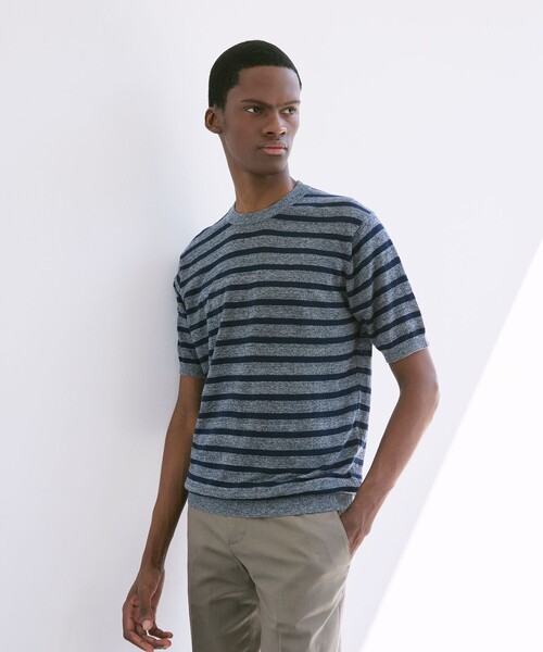 MACKINTOSH LONDON（マッキントッシュ ロンドン）の「【LEON掲載】リネンボーダーニットTシャツ（Tシャツ/カットソー・メンズ・ライトグレー/ブルー系その他7・L/M）」の2枚目の写真