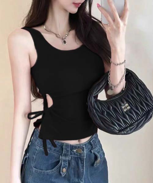 新品　未使用　ホームスパン　リップストップポンチョ セール】サイドオープンリボントップス（タンクトップ）｜LOULOU