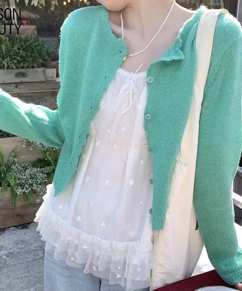 Chiina(チーナ)の「Chiina / クルーネックカラーカーディガン(カーディガン/ボレロ・レディース・ホワイト/イエロー/ブルー/グリーン・FREE)」の9枚目の写真