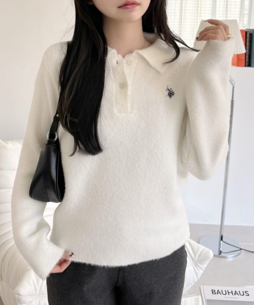 ニット セーター 「U.S. POLO ASSN」シャギー 長袖 ニットポロ レディース U.S. POLO ASSN】シャギー 長袖 ニットポロ（ニット/セーター