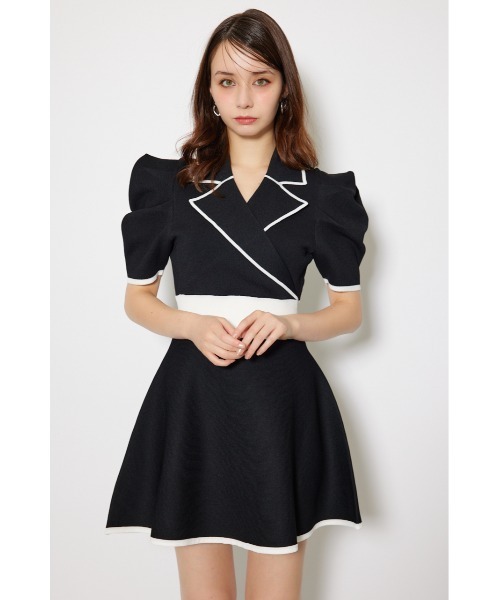 テーラードカラーミニフレアニットワンピース 半袖 秋服 サマーニット