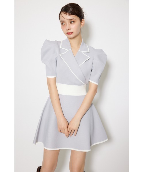 テーラードカラーミニフレアニットワンピース 半袖 夏服 サマー