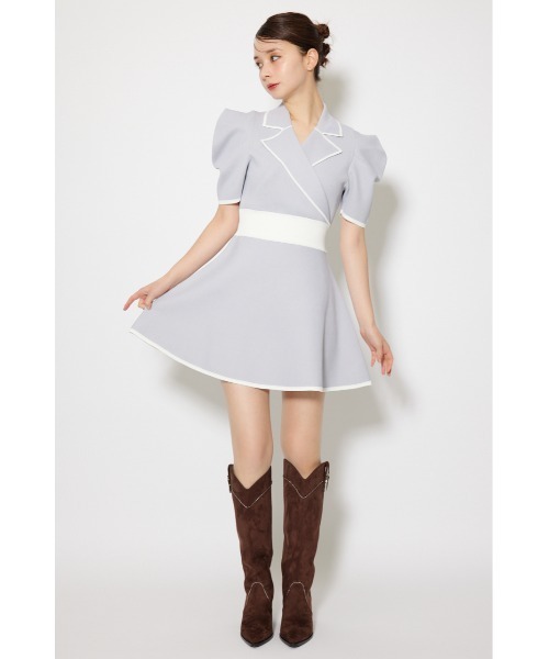 テーラードカラーミニフレアニットワンピース 半袖 夏服 サマー