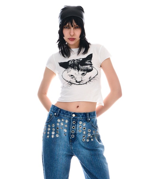BEEDEN(ビーデン)の「CAT PRINT TINY TEE(Tシャツ/カットソー・レディース・グレー/ホワイト・FREE)」の6枚目の写真