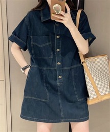 ゆったりサイズ襟付きデニムワンピース