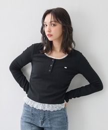 INGNI | 【WEB限定】ヘンリーネックレース付プレートロゴリブ長袖トップス(Tシャツ/カットソー)