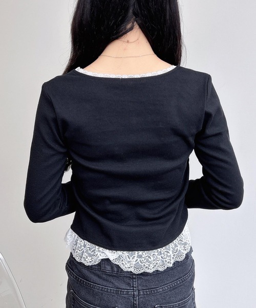 INGNI(イング)の「【WEB限定】ヘンリーネックレース付プレートロゴリブ長袖トップス(Tシャツ/カットソー・レディース・オフホワイト/ブラック/グレー・M)」の12枚目の写真