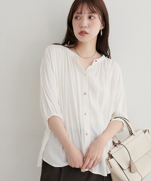 natural couture（ナチュラルクチュール）の「【WEB限定】麻混ギャザーブラウス（シャツ/ブラウス・レディース・ネイビー/パープル系その他/ブラウン/ブラック/オフホワイト/ブルー・FREE）」の9枚目の写真