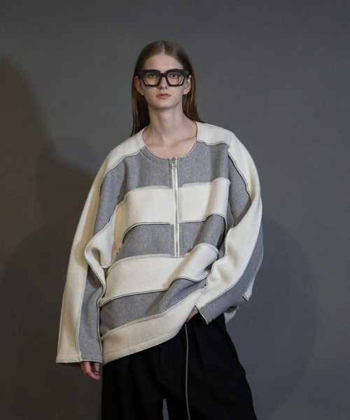 my beautiful landlet(マイビューティフルランドレット)の「【my beautiful landlet】 NAPPING BRUSHED FRENCH TERRY HALF ZIP BORDER(スウェット・メンズ・グリーン/ピンク/グレー/ブラック・1/0)」の1枚目の写真