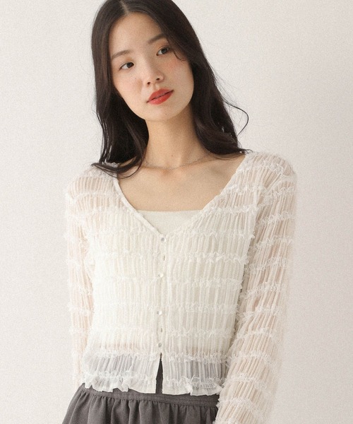 Heather（ヘザー）の「フリルジャガードカーディガン　592362（カーディガン/ボレロ・レディース・オフホワイト/ブラック・FREE）」の2枚目の写真