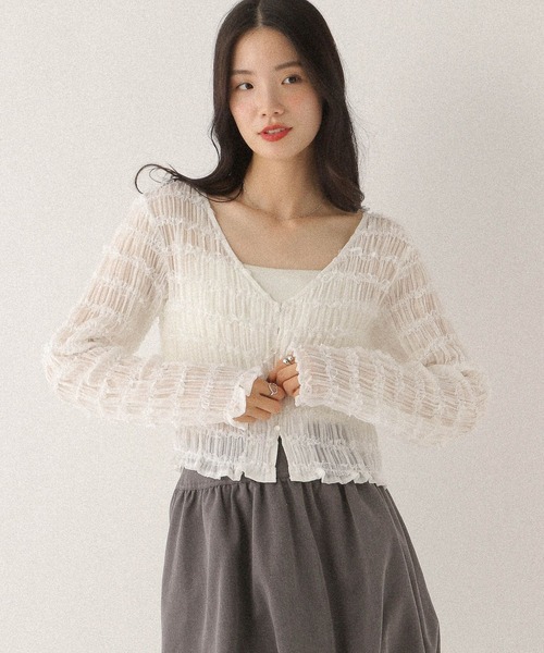 Heather（ヘザー）の「フリルジャガードカーディガン　592362（カーディガン/ボレロ・レディース・オフホワイト/ブラック・FREE）」の7枚目の写真