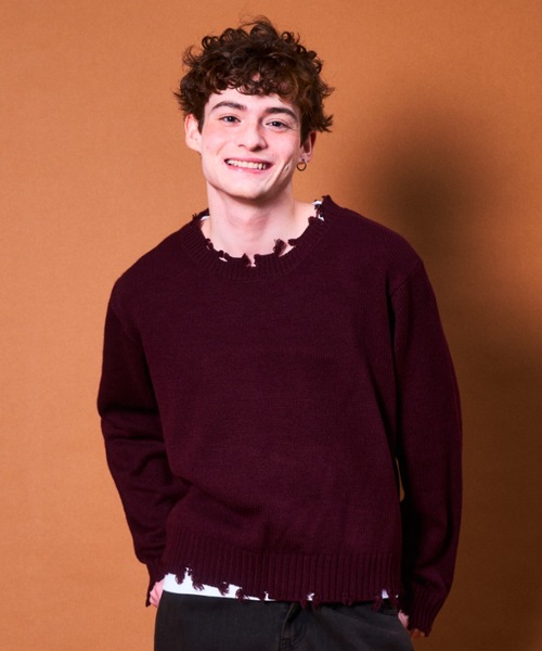 Zooodle（ズードル）の「Damaged Crewneck Knit - ダメージクルーネックニット -（ニット/セーター・メンズ・バーガンディー/グレー・LARGE/MEDIUM）」の2枚目の写真