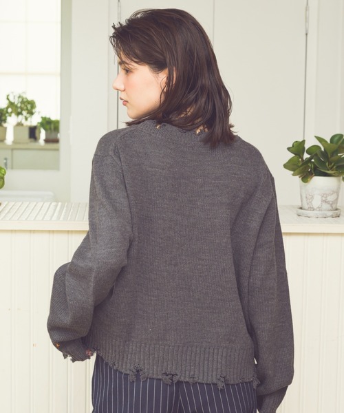 Zooodle（ズードル）の「Damaged Crewneck Knit - ダメージクルーネックニット -（ニット/セーター・メンズ・バーガンディー/グレー・LARGE/MEDIUM）」の7枚目の写真