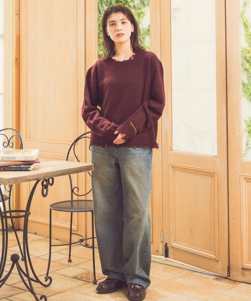 Zooodle（ズードル）の「Damaged Crewneck Knit - ダメージクルーネックニット -（ニット/セーター・メンズ・バーガンディー/グレー・LARGE/MEDIUM）」の15枚目の写真